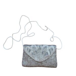 Silver Beaded Mini Evening Bag Snap Closure By Macys *2"x4.5" Party